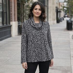 NWOT Mittoshop Black & White Leopard Print Cowl Neck Top | Chic Stretch BlouseDe